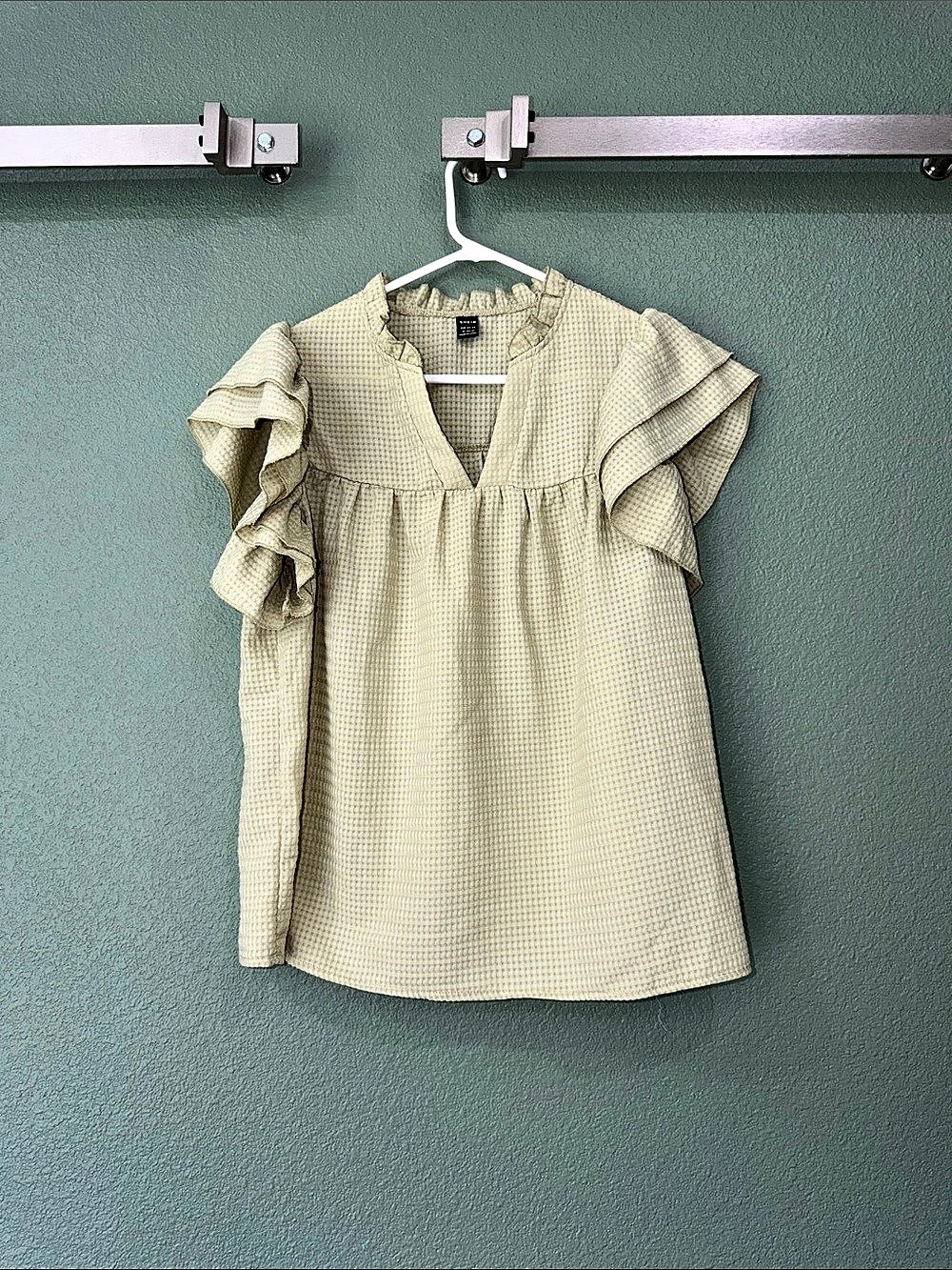 SHEIN Waffle Knit Ruffle Trim Split Neck Top in light green